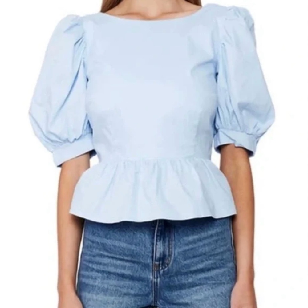 NWT Bardot Lace Up Peplum Puff Sleeve Blue Top Size 8